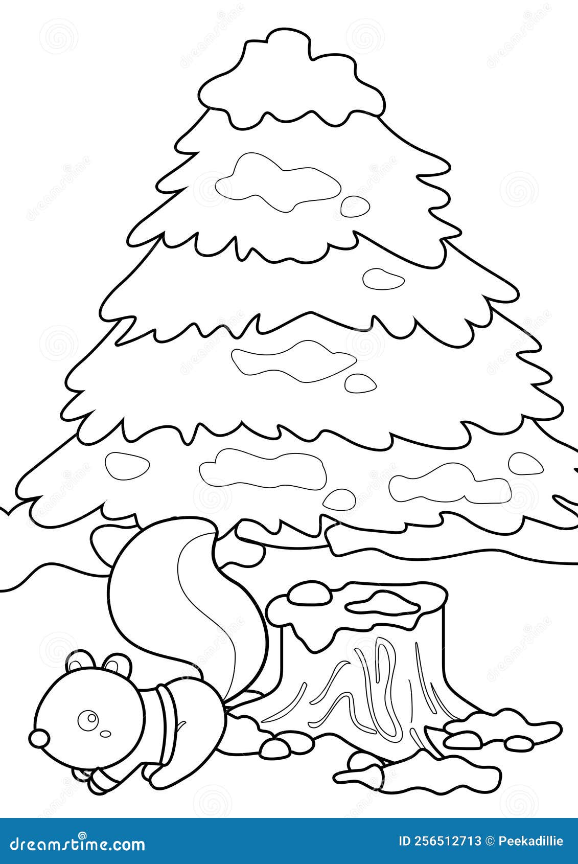 Cute christmas pine tree and squirrel coloring pages for kids and adult stock illustration