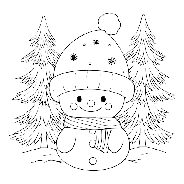 Premium vector snowman with pine tree coloring page