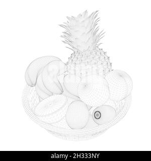 Wireframe of fruit basket from black lines isolated on white background bananas apples pineapple in a basket d vector illustration stock vector image art