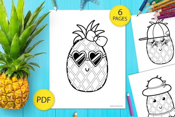 Pineapple coloring book pages summer pineapple coloring book pdf kids coloring book fruit digital coloring pages pineapple in sunglasses