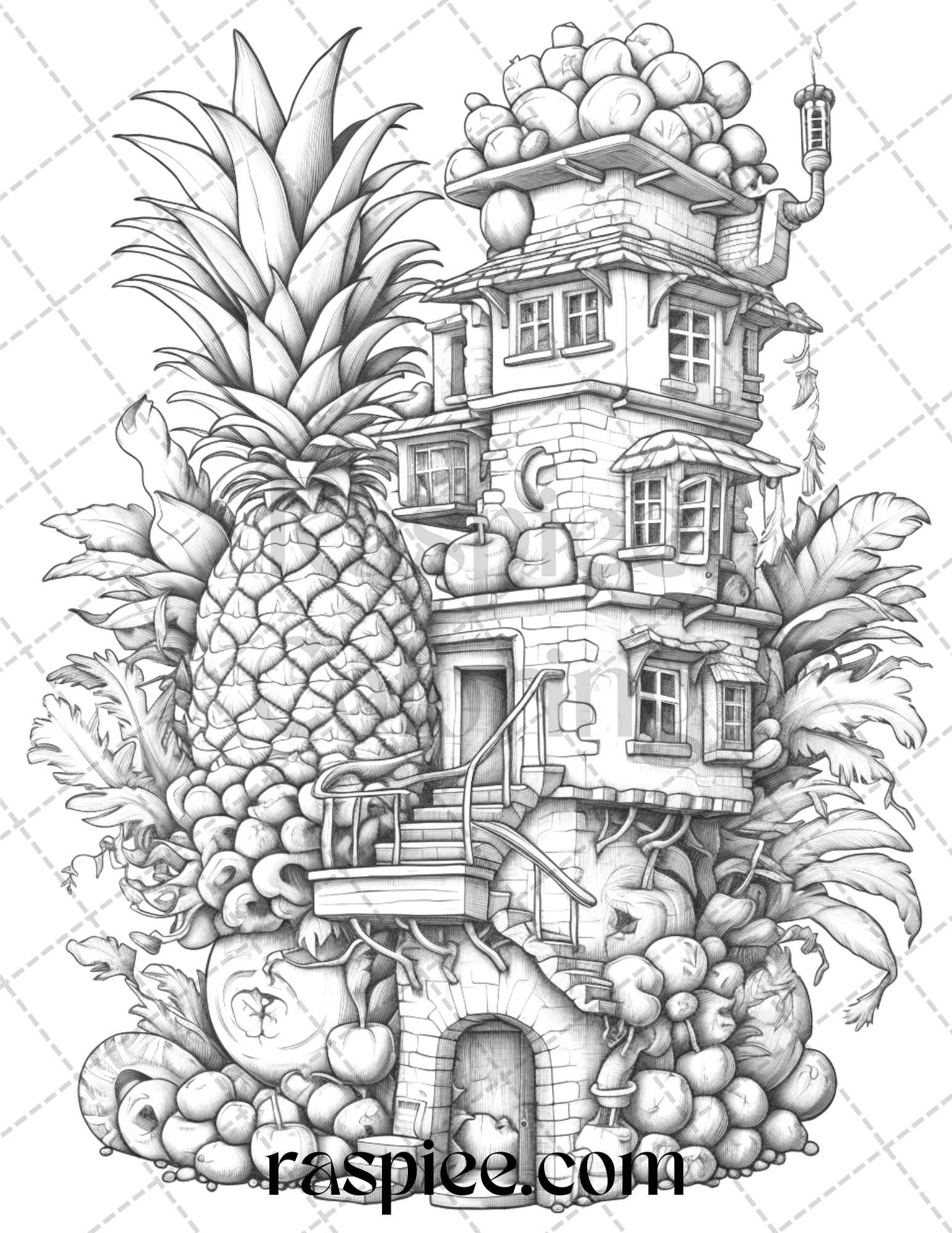 Pineapple houses grayscale coloring pages printable for adults pdf â coloring