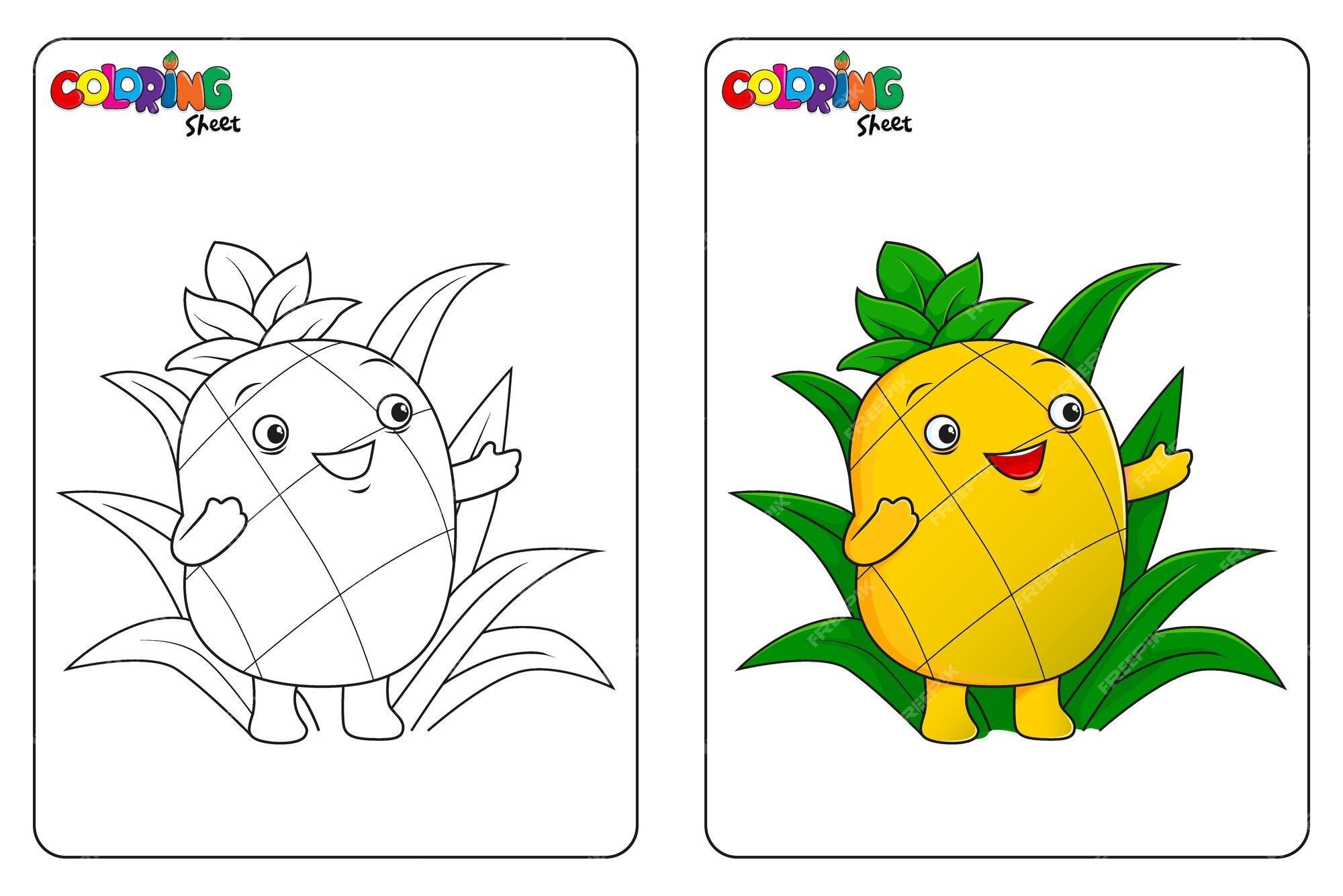 Premium vector coloring sheet cartoon pineapple hand drawn