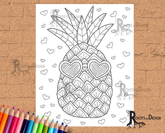 Instant download coloring page sunglasses pineapple coloring doodle art printable