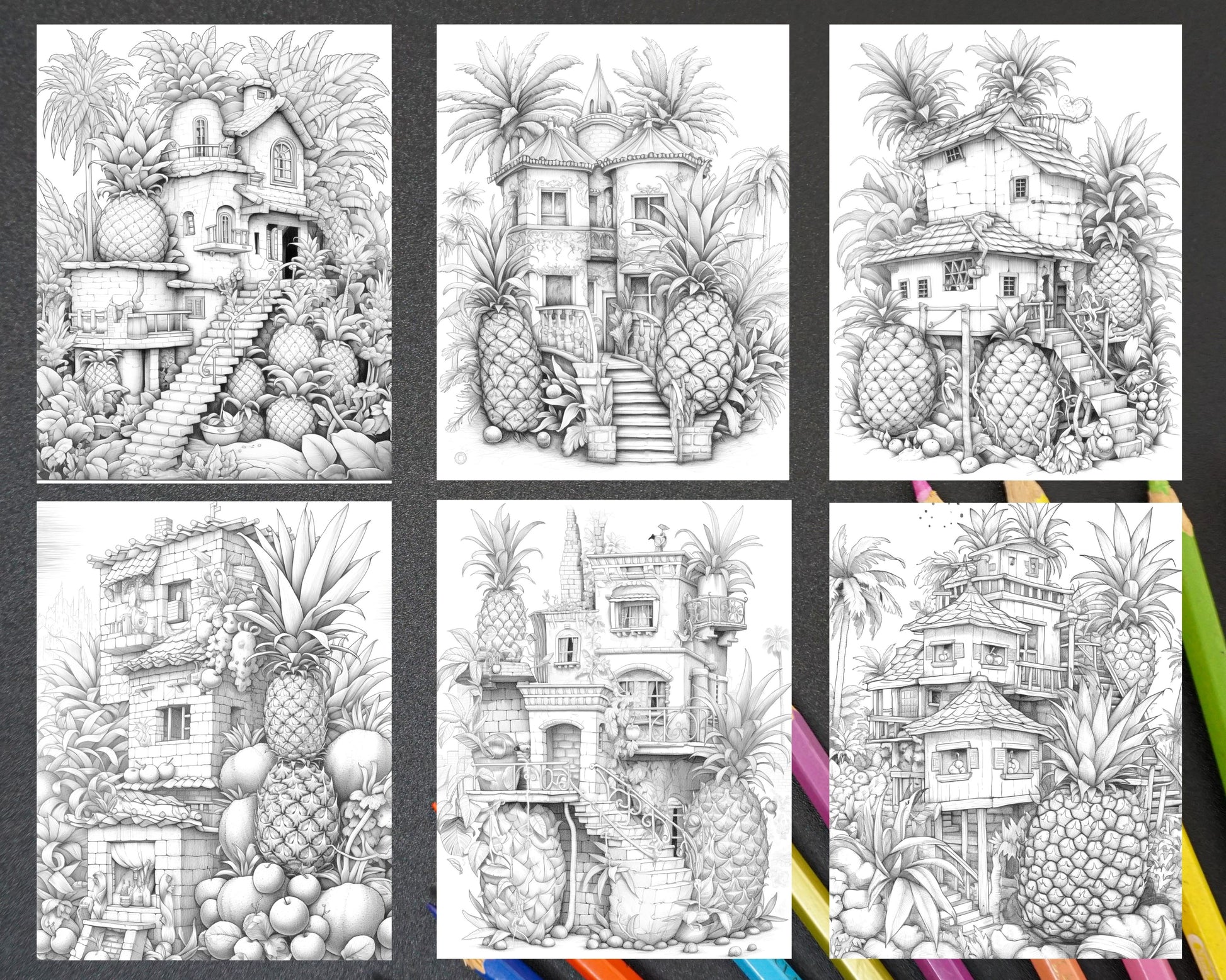 Pineapple houses grayscale coloring pages printable for adults pdf â coloring