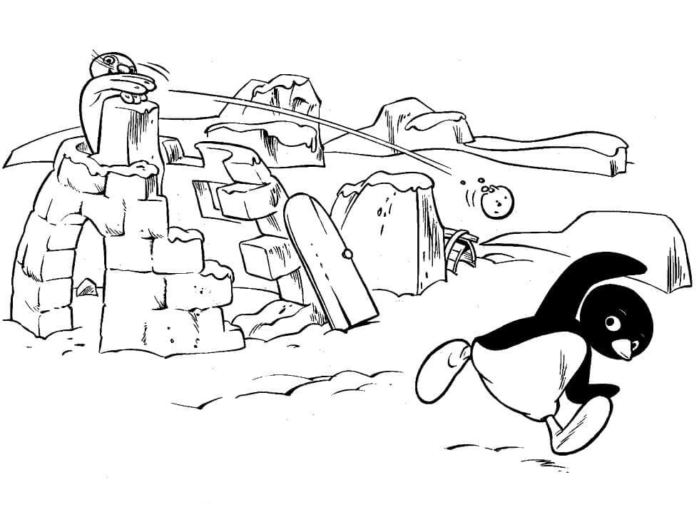 Two penguins with igloo coloring page