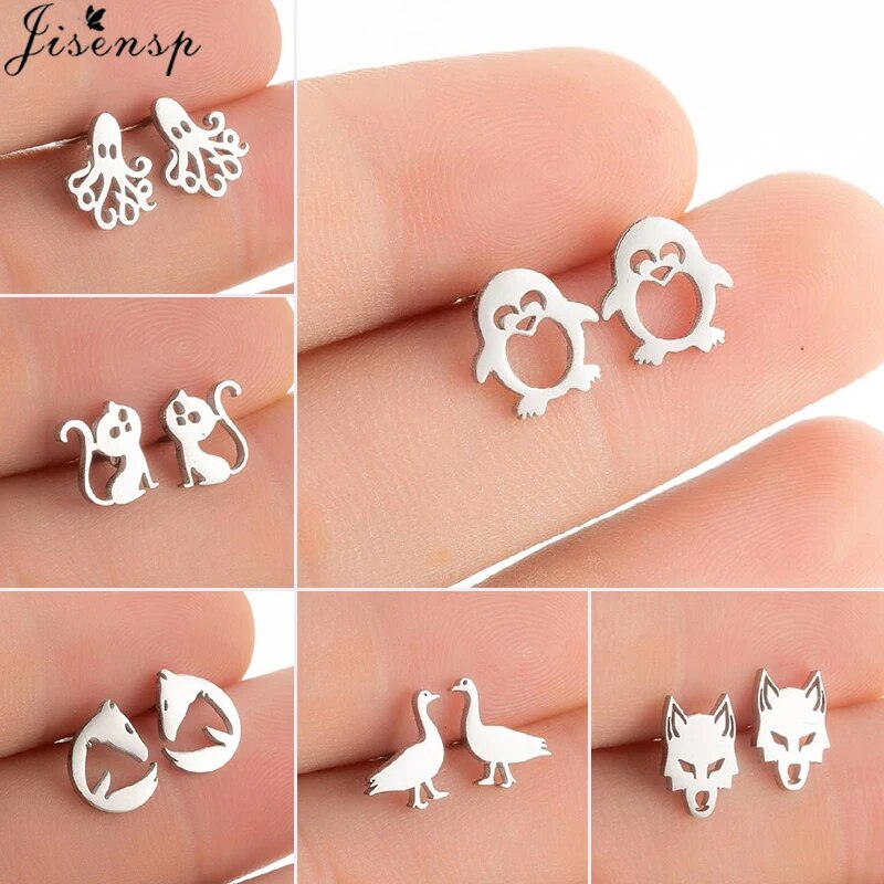 Multiple animal stainless steel earrings lovely octopus horse penguin wolf ear piercing jewelry for women kids birthday gif