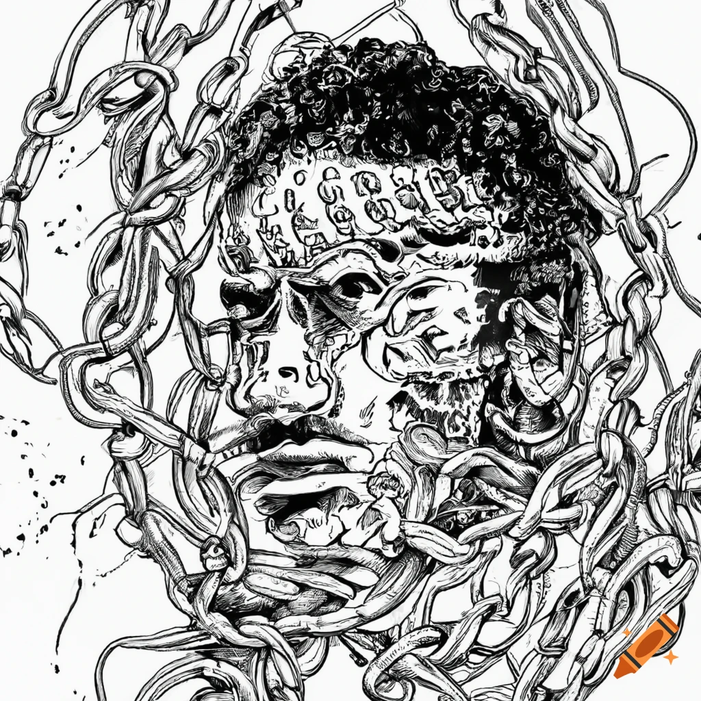 Latino man in chains intricate ink pen illustration black and white with white background on