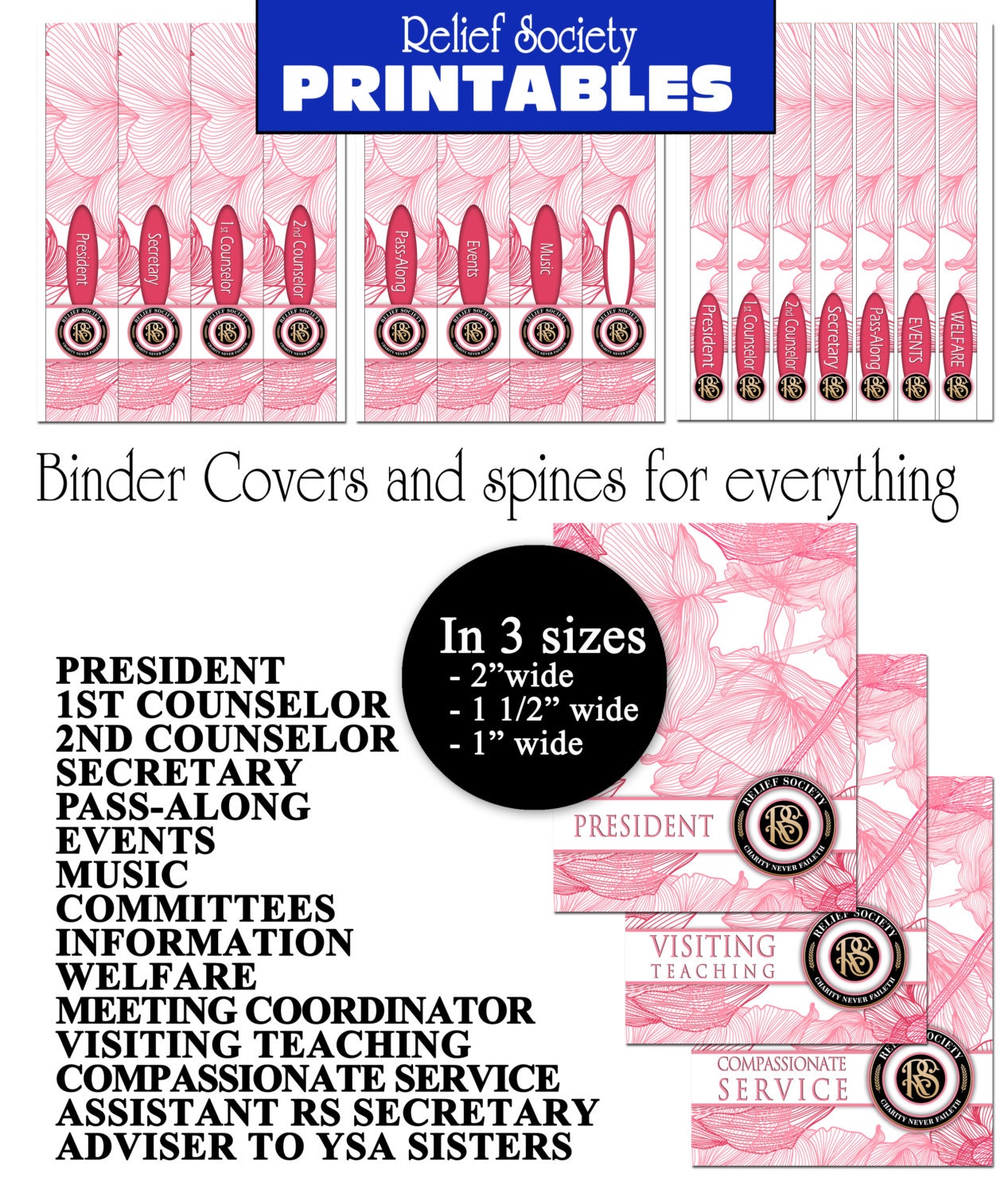 Printable bundle files relief society presidency binder covers and spine inserts for calendars planners can use as divider pages also