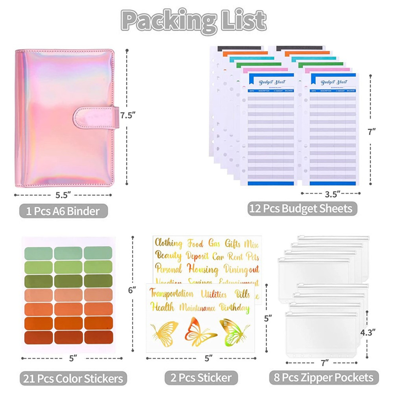 A pu leather magnetic clasp binder ver laser design shell with loose leaf pvc bags expense budget sheets and sticky labels