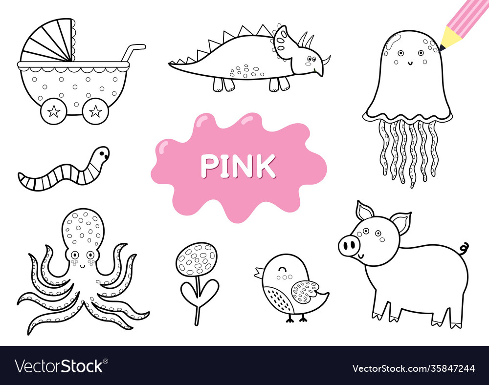 Color elements in pink coloring page for kids vector image