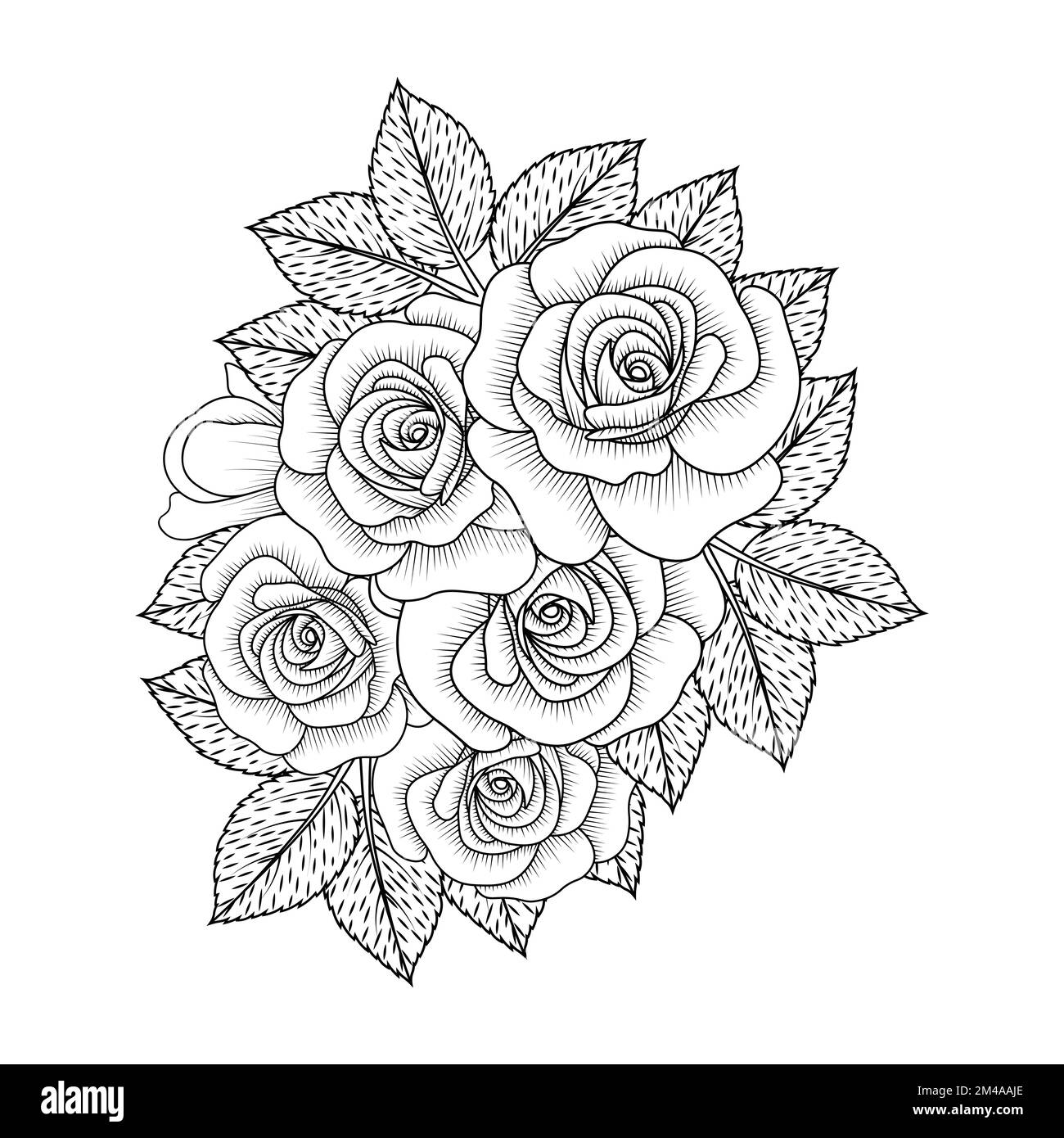 Adult coloring book page of pink rose illustration with leaves and pencil sketch drawing stock vector image art