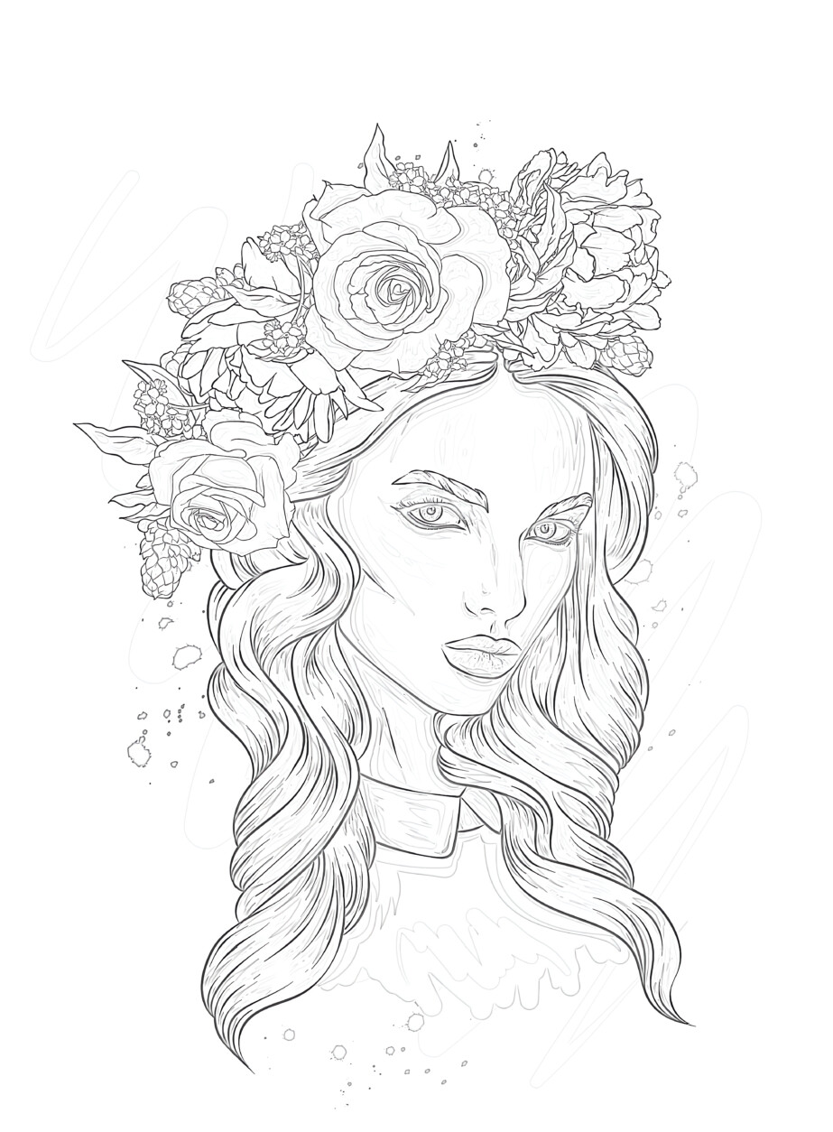 Printable girl with pink flowers coloring page