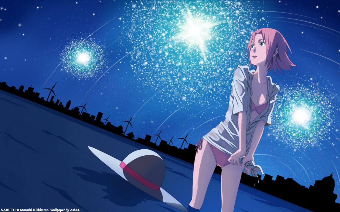 Haruno sakura landscape naruto pink hair scenic sky stars wallpaper x