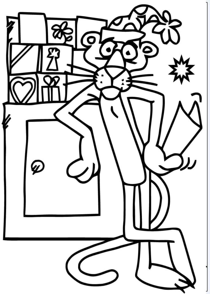 Pink panther and christmas presents coloring page