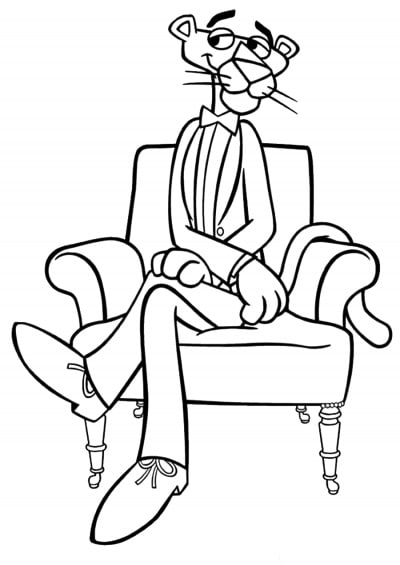 Drawing of pink panther sitting on an armchair coloring page