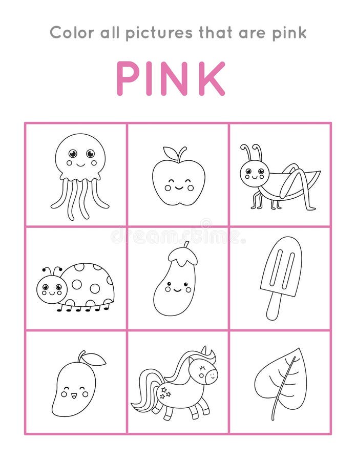 Learning pink color for preschool kids educational worksheet stock vector