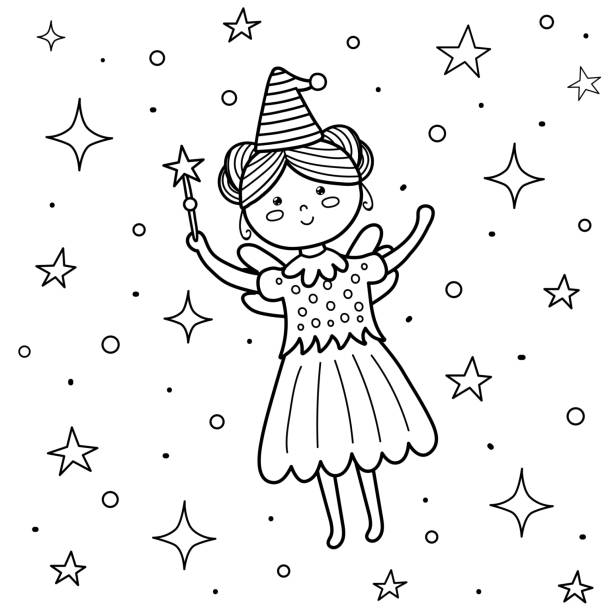 Coloring page for kids with a cute fairy flying princess girl with a magic wand black and white print stock illustration