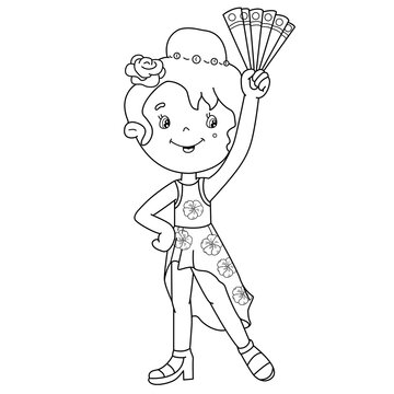 Coloring page outline of cartoon girl dancing spanish tango coloring book for kids vector