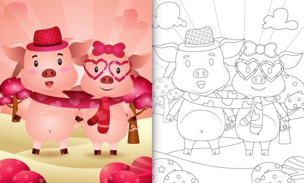 Premium vector coloring book for kids with cute valentines day pig couple illustrated