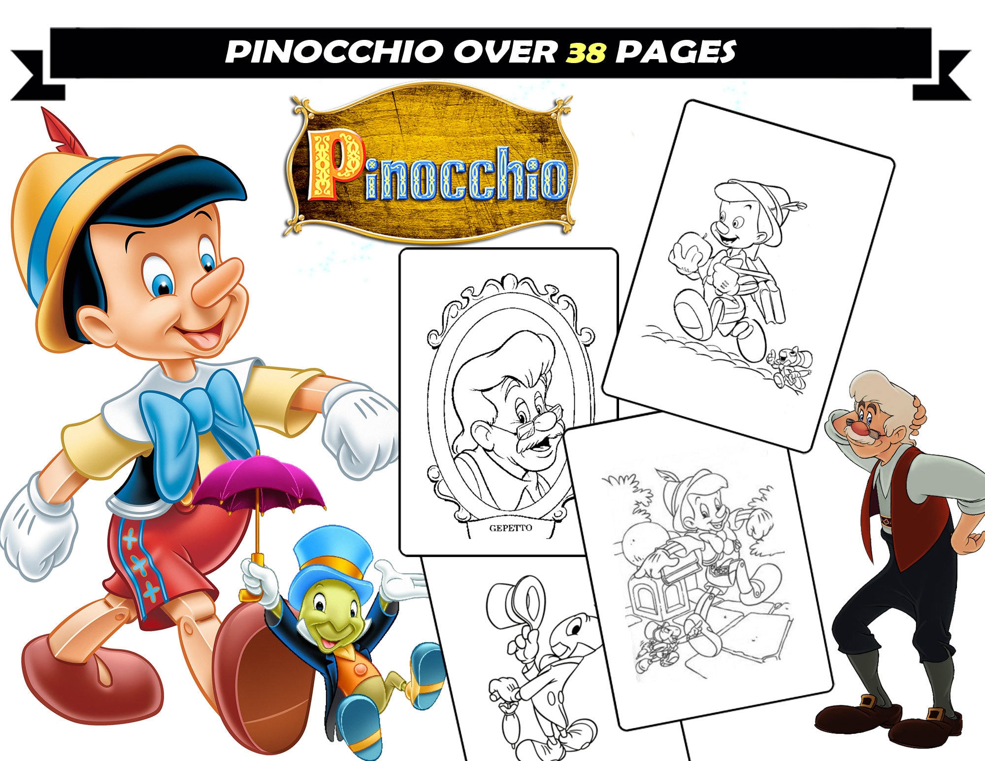 Pinocchio coloring pages jiminy cricket blue fairy gepetto coloring book for children cartoon characters coloring sheets for girls boys