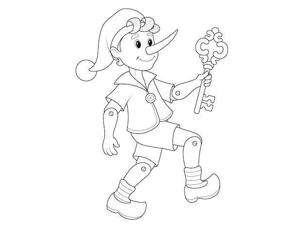 Premium vector children coloring character of fairy tales pinocchio with a key