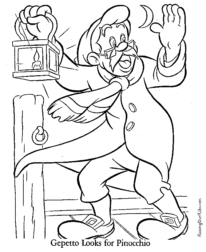 Gepetto looks for pinocchio coloring page