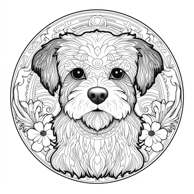 Una pãgina para colorear con la cara de un perro en un marco circular ai generativo foto premium
