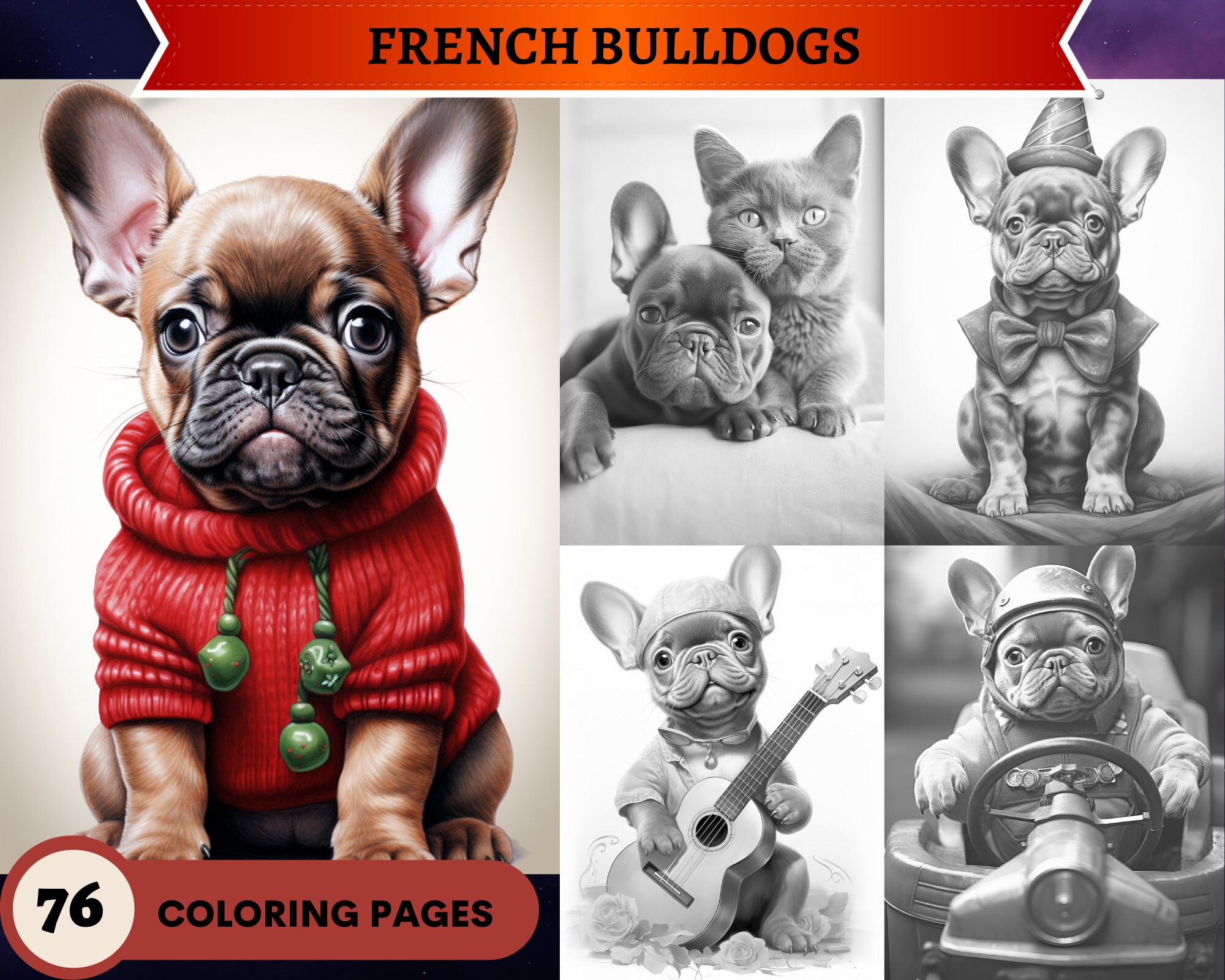 Pãginas para colorear de bulldog francãs en escala de grises cachorros de perros pãginas para colorear para adultos imprimibles descargar ilustraciãn en escala de grises