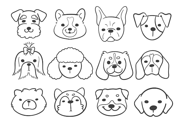 Premium vector lines of the faces of various breeds of dogs decorate coloring book for kids