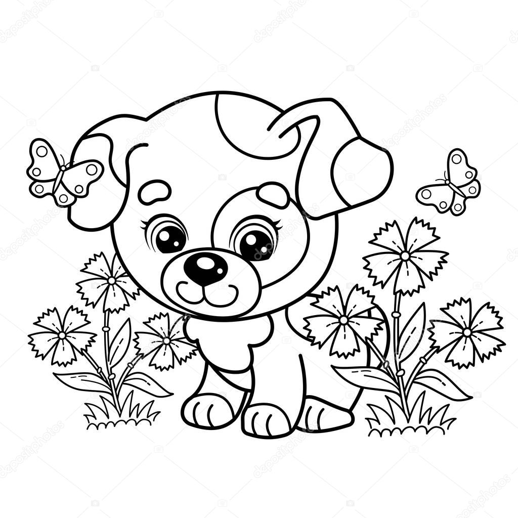 Pãgina para colorear esquema dibujos animados perrito claro flores lindo vector de stock de oleon