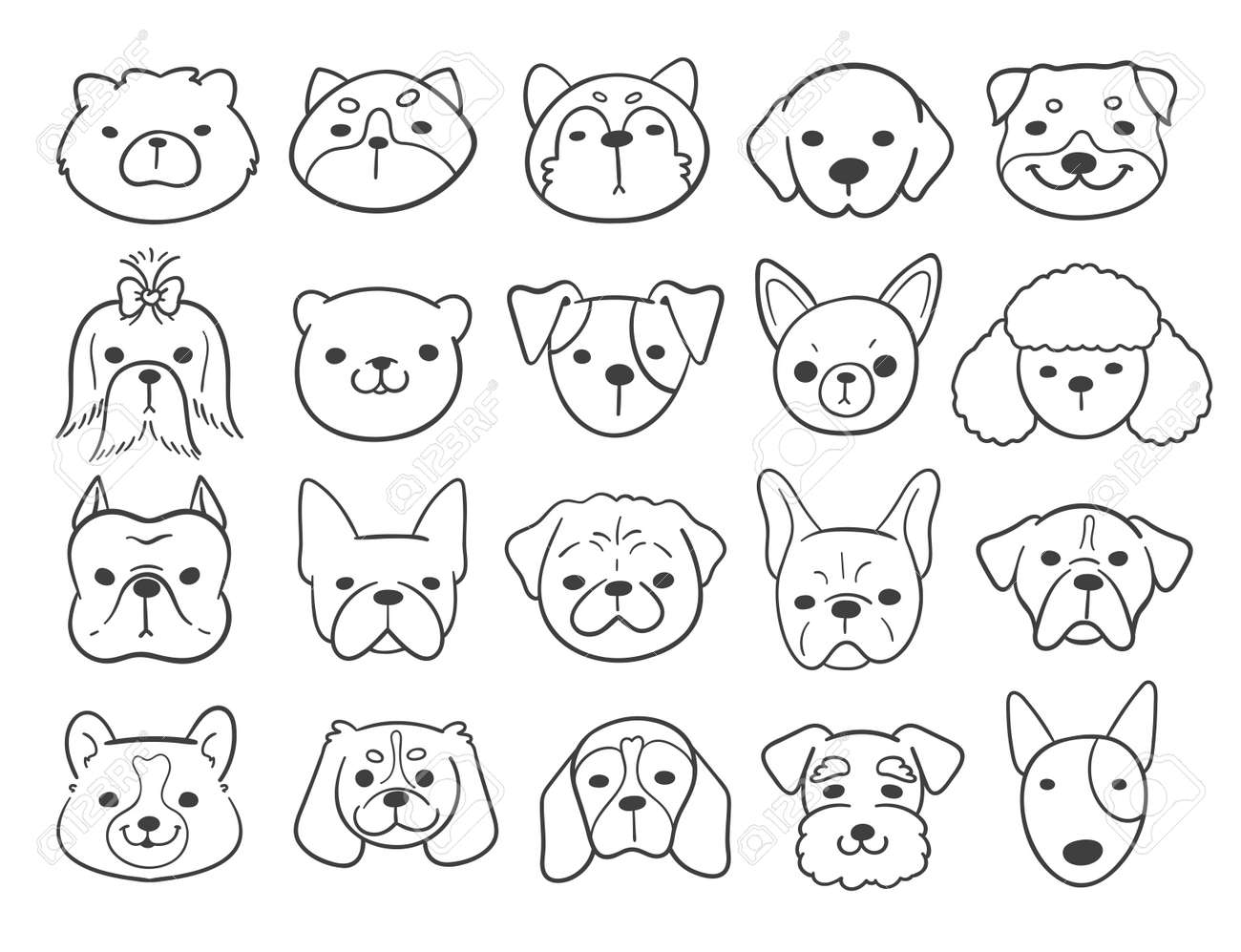 Lines of the faces of various breeds of dogs decorate coloring book for kids royalty free svg cliparts vectors and stock illustration image