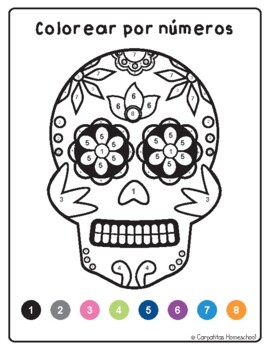 Sugar skull color by number day of the dead pintar por nãºmeros dãa de muertos