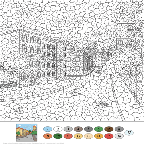Old town street color by number free printable coloring pages
