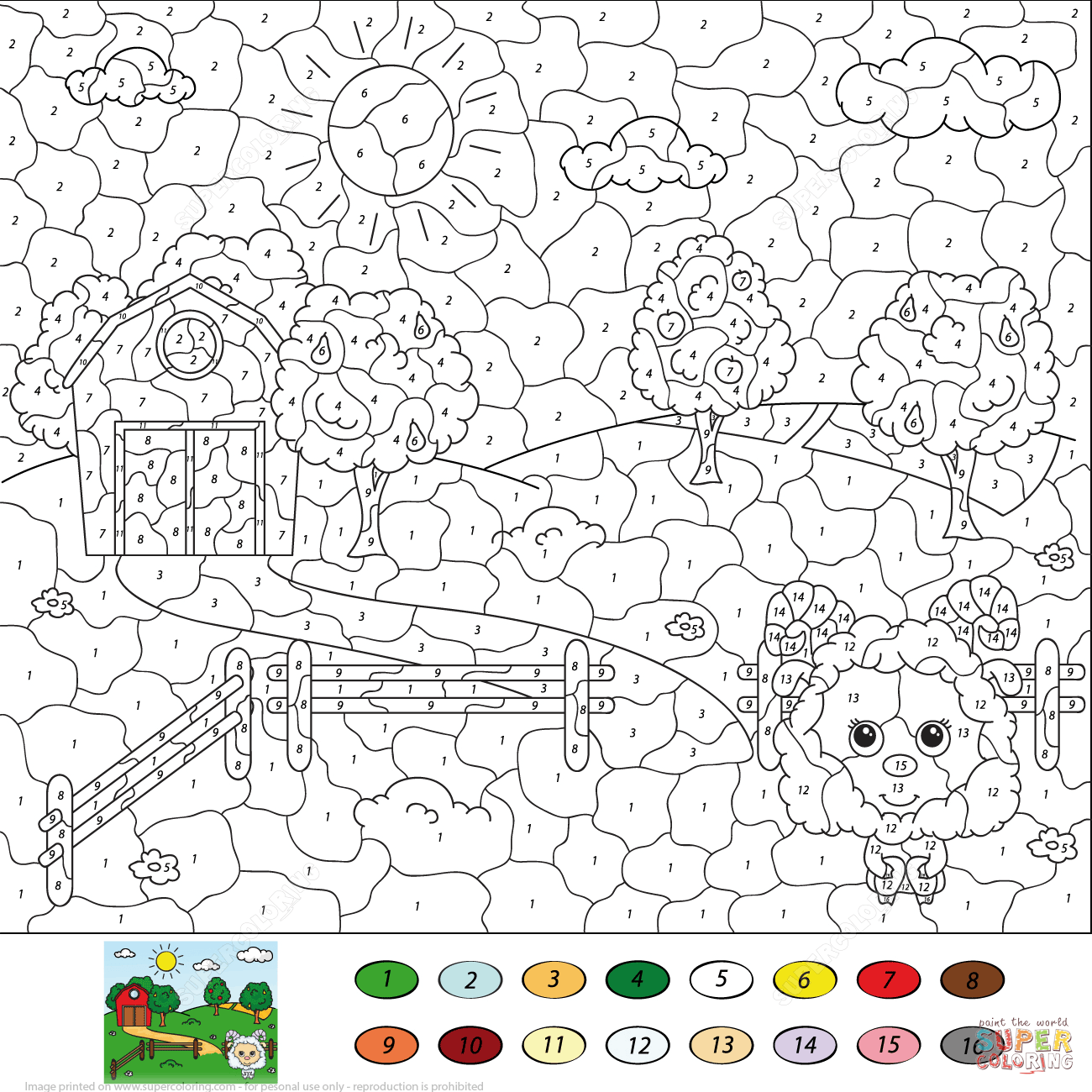 Rural landscape color by number free printable coloring pages