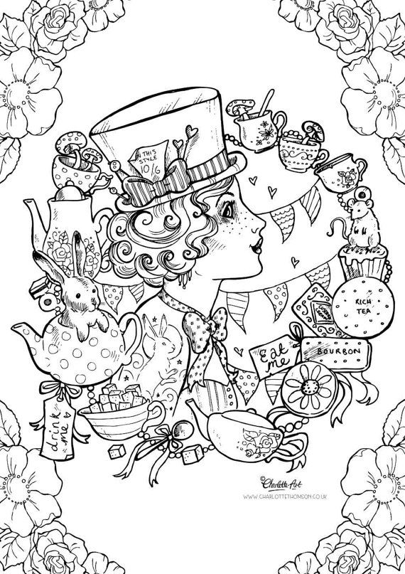 Adult colouring page mad hatter alice in wonderland