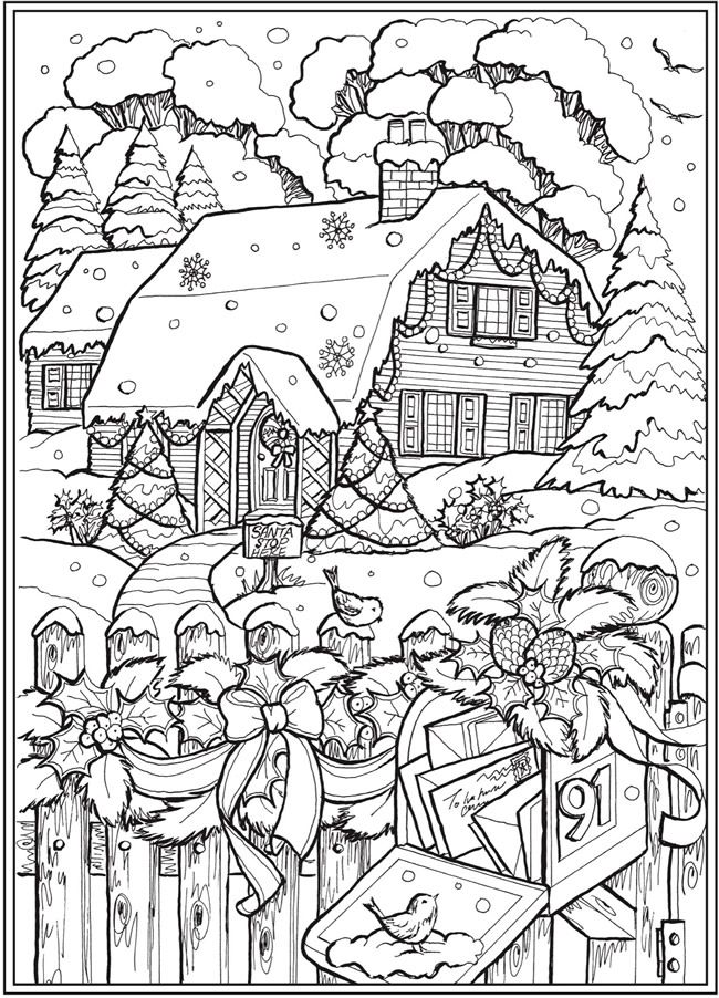 Cabin with mailbox winter scene from creative haven country christmas câ christmas coloring sheets printable christmas coloring pages christmas coloring books