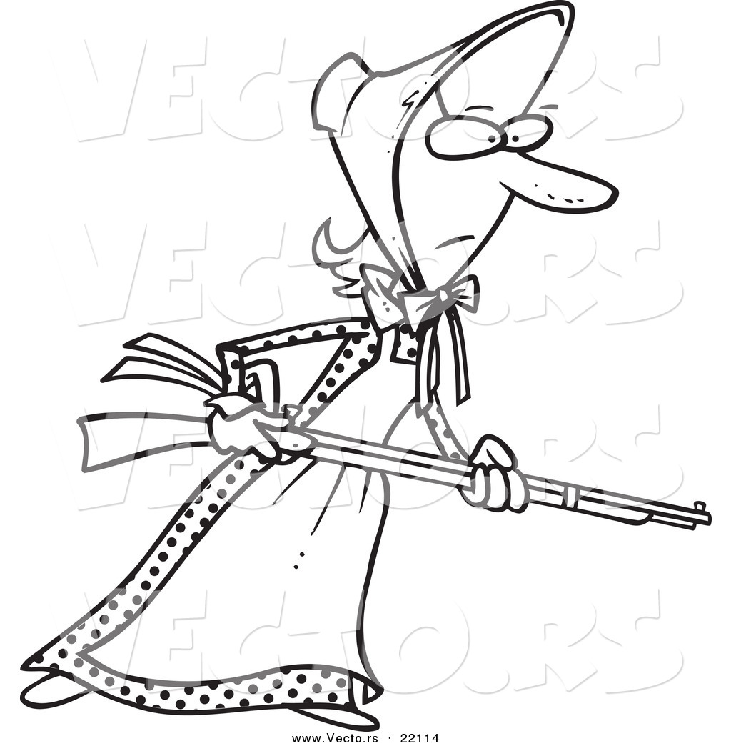 R of a cartoon pioneer woman holding a gun