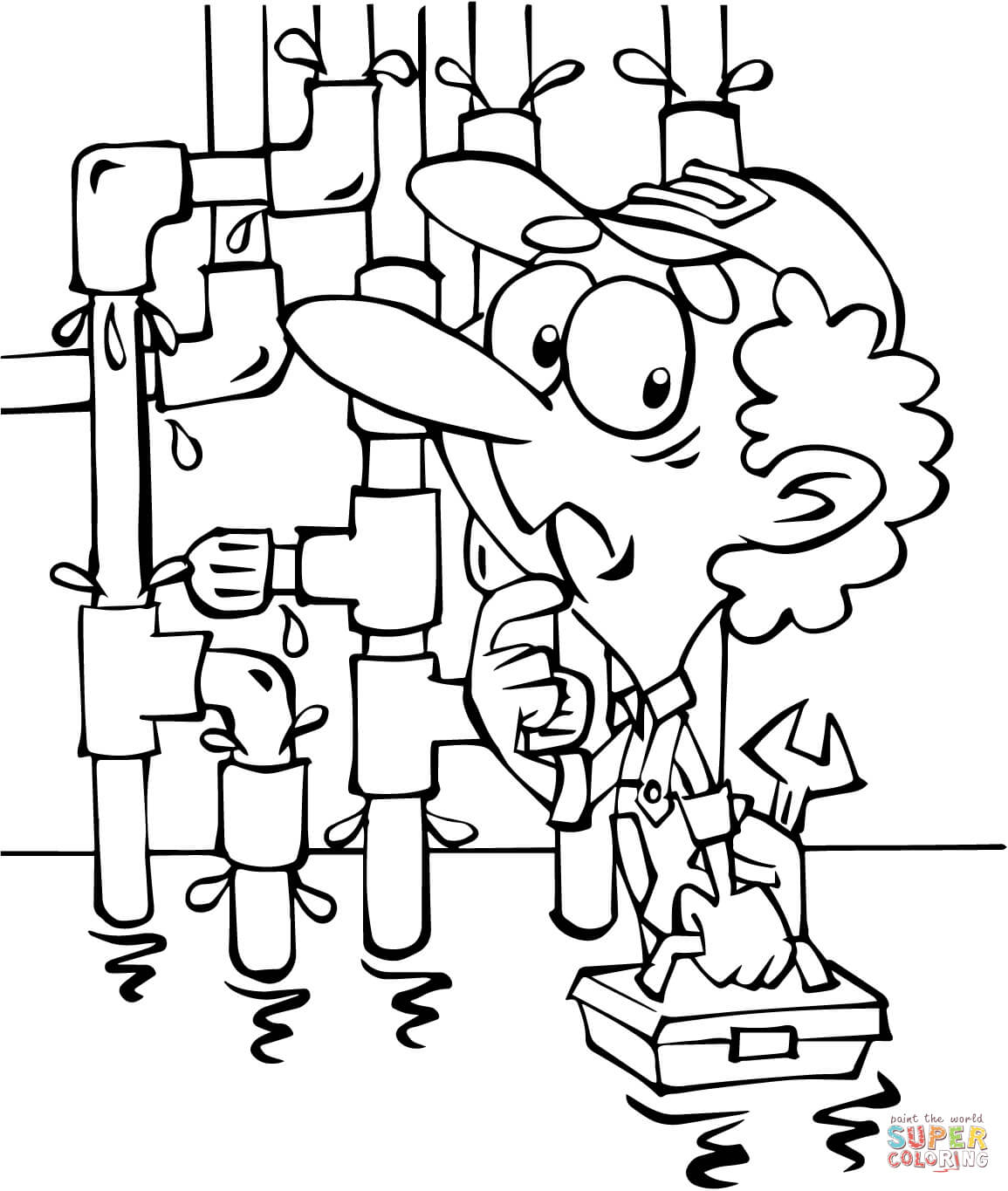 Plumber in front of tubes coloring page free printable coloring pages