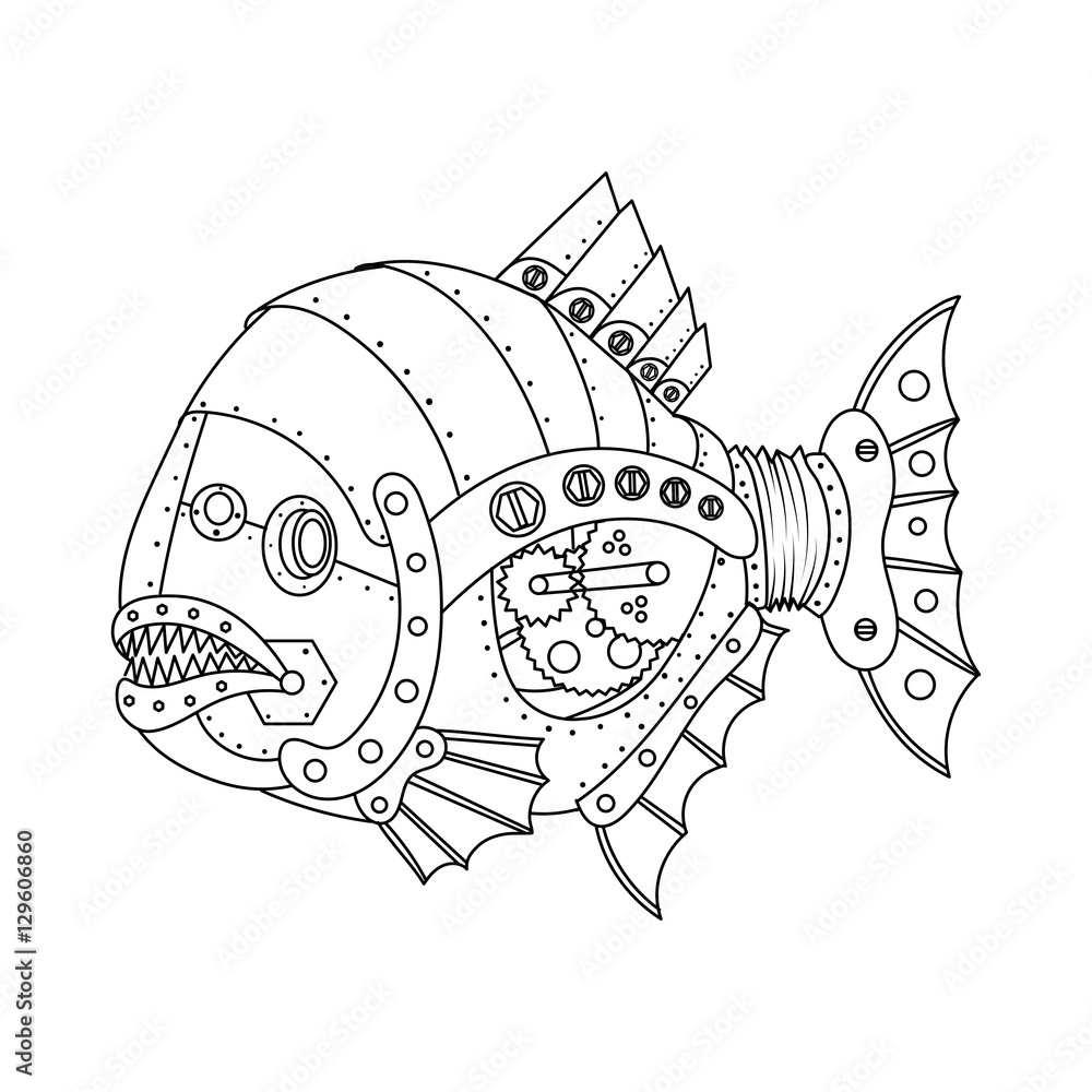 Steampunk style piranha fish coloring book vector vector