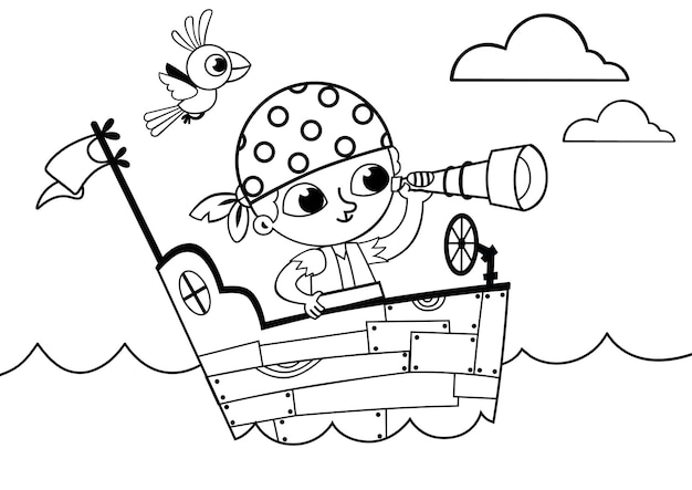 Premium vector black and white little pirate for coloring book activity vector illustration