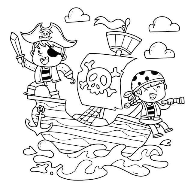 Premium vector cute pirate on ship hand drawn coloring book cartoon isolated on white