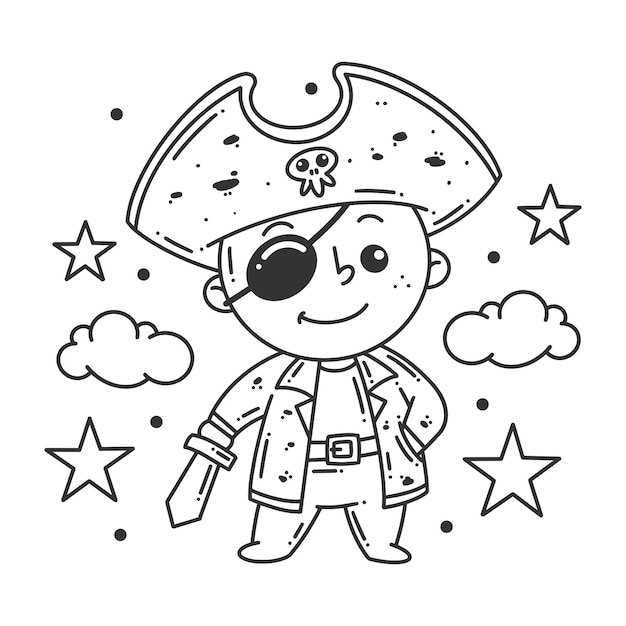 Premium vector cute boy wearing a pirate costume for coloring