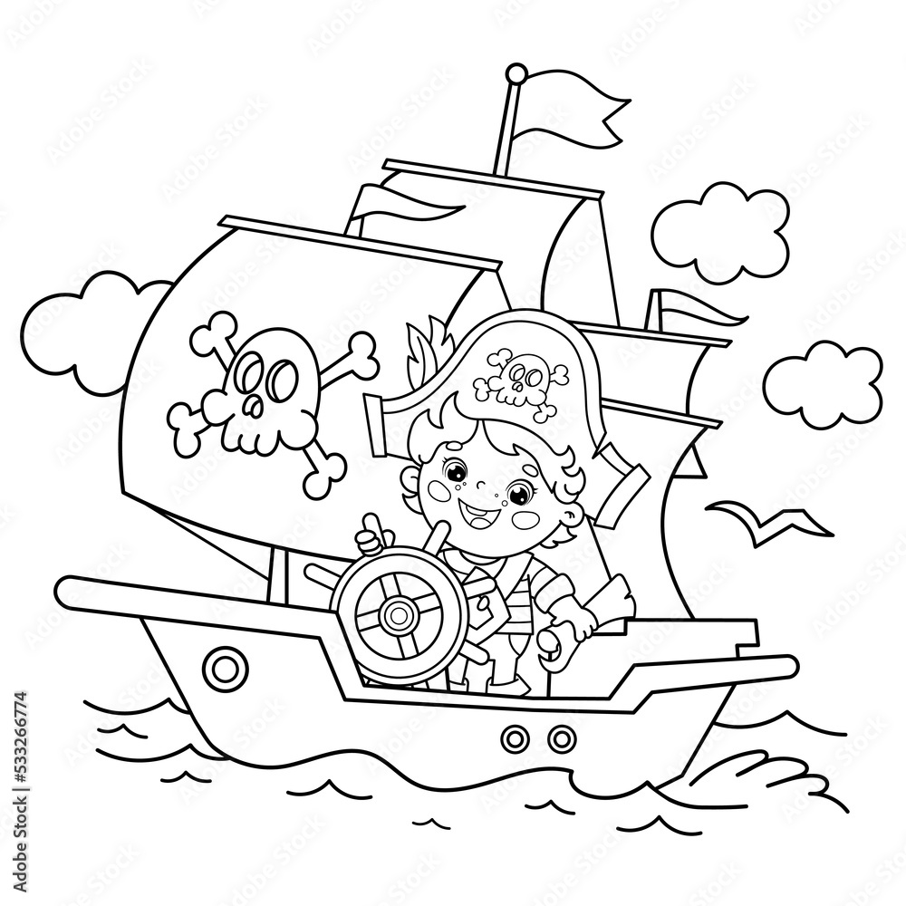 Coloring page outline of cartoon pirate on pirate ship or sailboat with black sails with skull in sea coloring book for kids vector