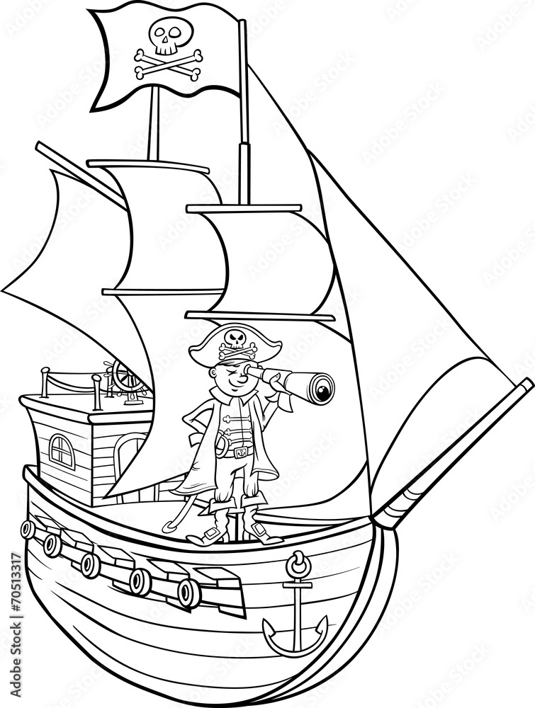 Pirate on ship cartoon coloring page vector