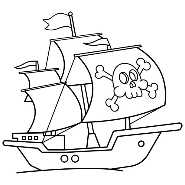 Coloring page outline of cartoon pirate ship sailboat with black sails with skull in sea drawing coloring book for kids stock illustration