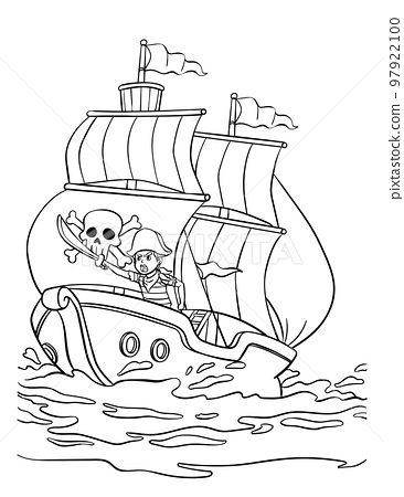 Pirate ship isolated coloring page for kids