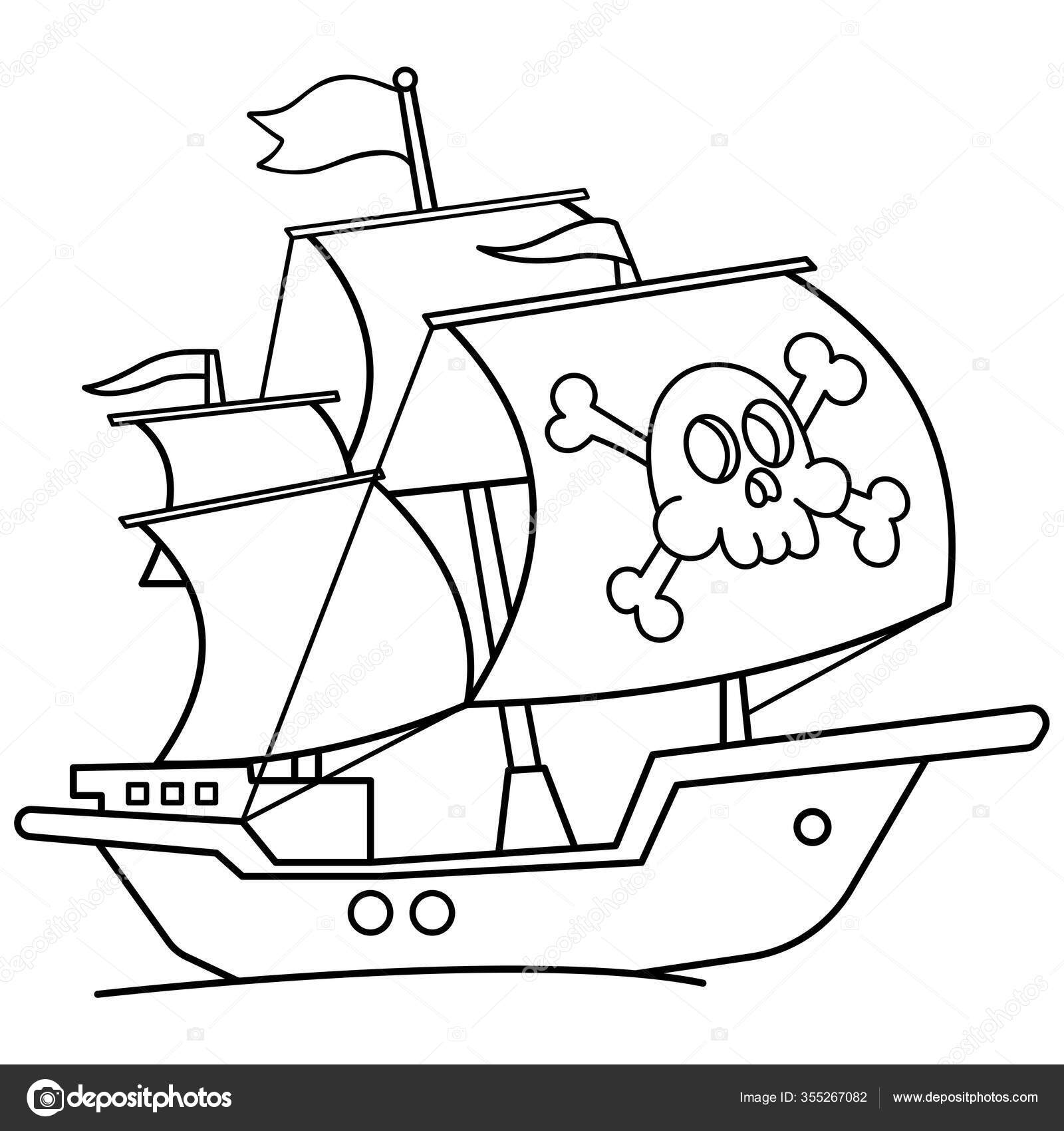 Coloring page outline cartoon pirate ship sailboat black sails skull stock vector by oleon