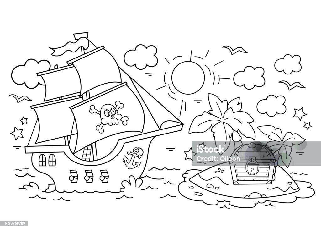 Coloring page outline of cartoon pirate ship with treasure island sailboat with black sails with skull in sea coloring book for kids stock illustration