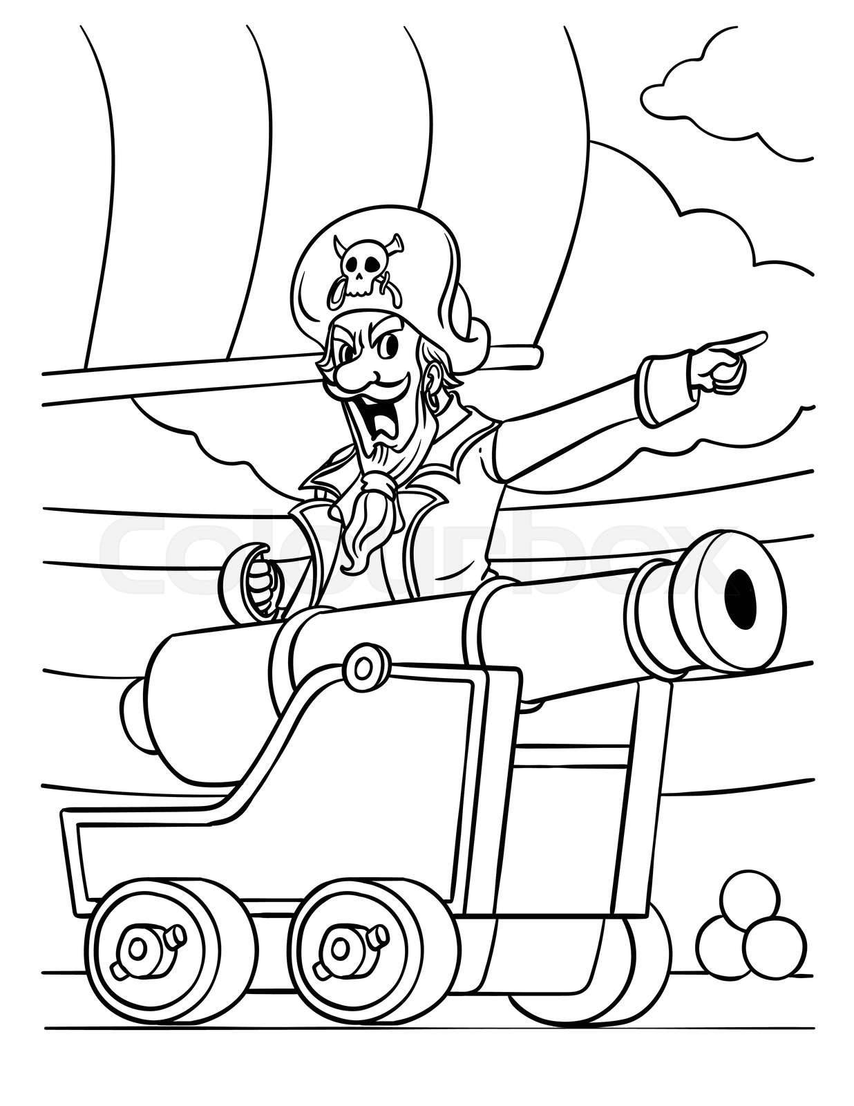 Pirate captain with cannon coloring page for kids stock vector