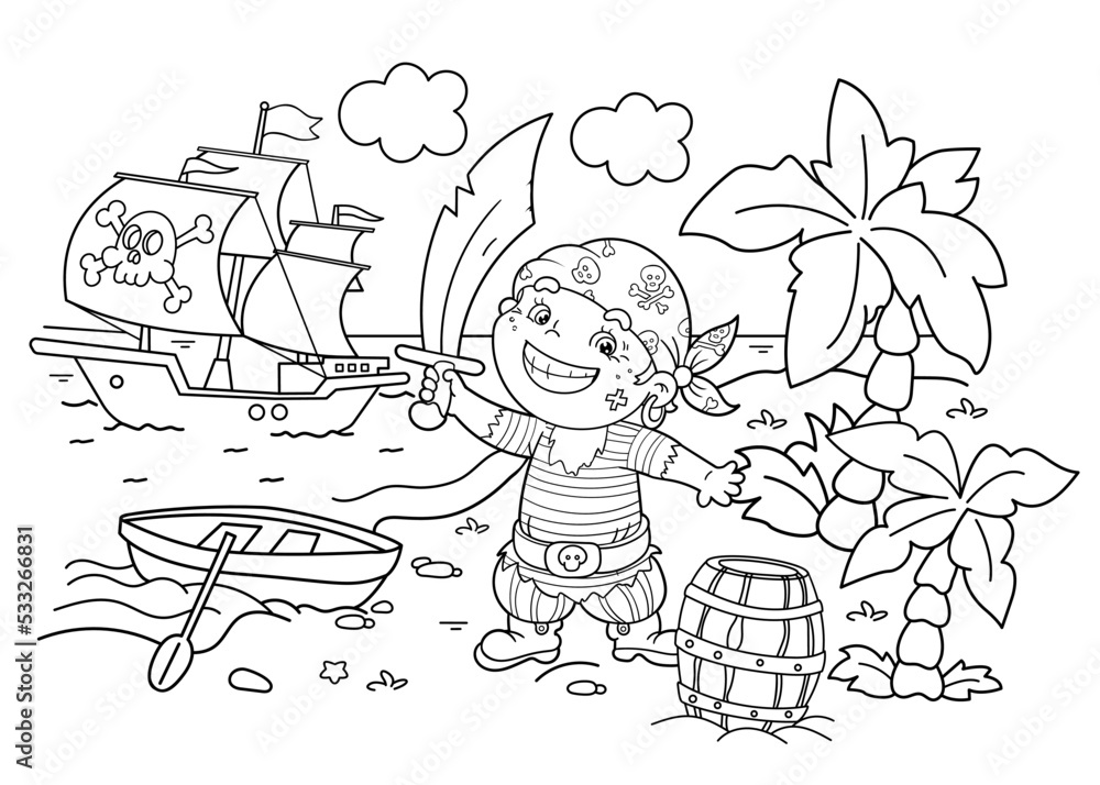 Coloring page outline of cartoon pirate on treasure island pirate ship or sailboat with black sails with skull in sea coloring book for kids vector